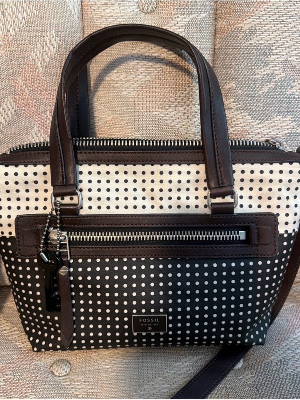 Fossil Black and White Polka Dot Satchel with Brown Trim